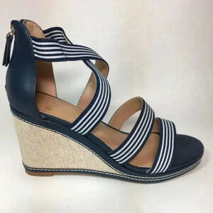 Crown & Ivy Womens Elise Sandals Blue Stripe Ankle Strap Wedge 8.5m